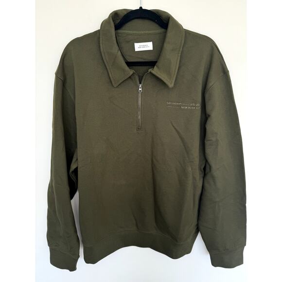 NWT Saturdays New York Men's Fundamental Quarter Zip Sweatshirt Army Green - Picture 5 of 16